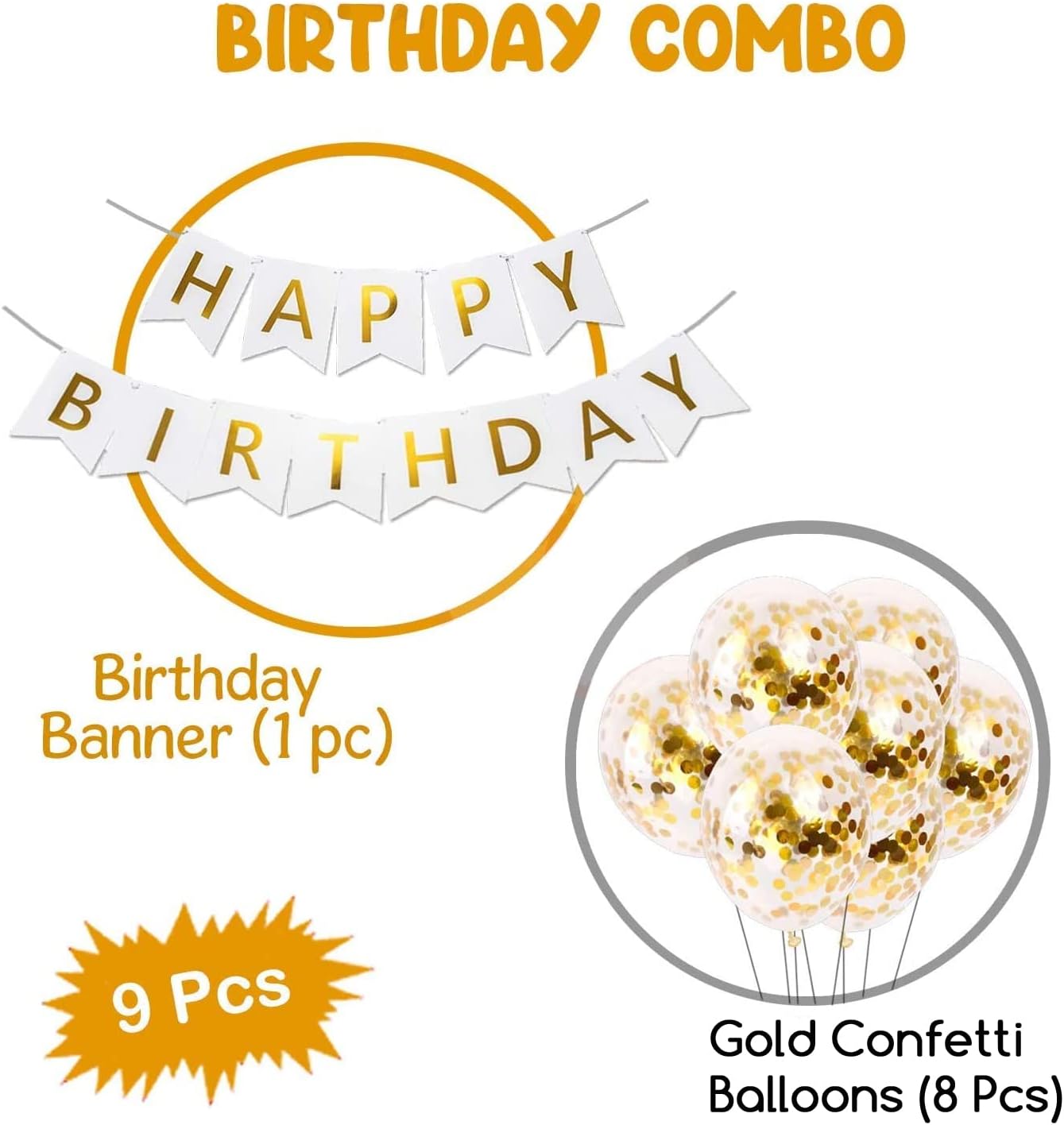 9Pcs Happy Birthday Decoration Set – White Happy Birthday Banner with Confetti Balloons and Ribbon- Birthday Party Decoration for Boys, Girls, Men & Women