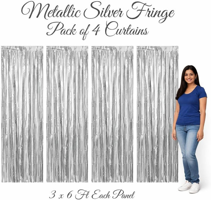 Silver Foil Fringe Curtains Disco Theme Birthday Decoration | Pack of 4 shimmer backdrops, 3x6 ft each, for bachelorette, 25th anniversary, silver jubilee, baby shower and New Year theme