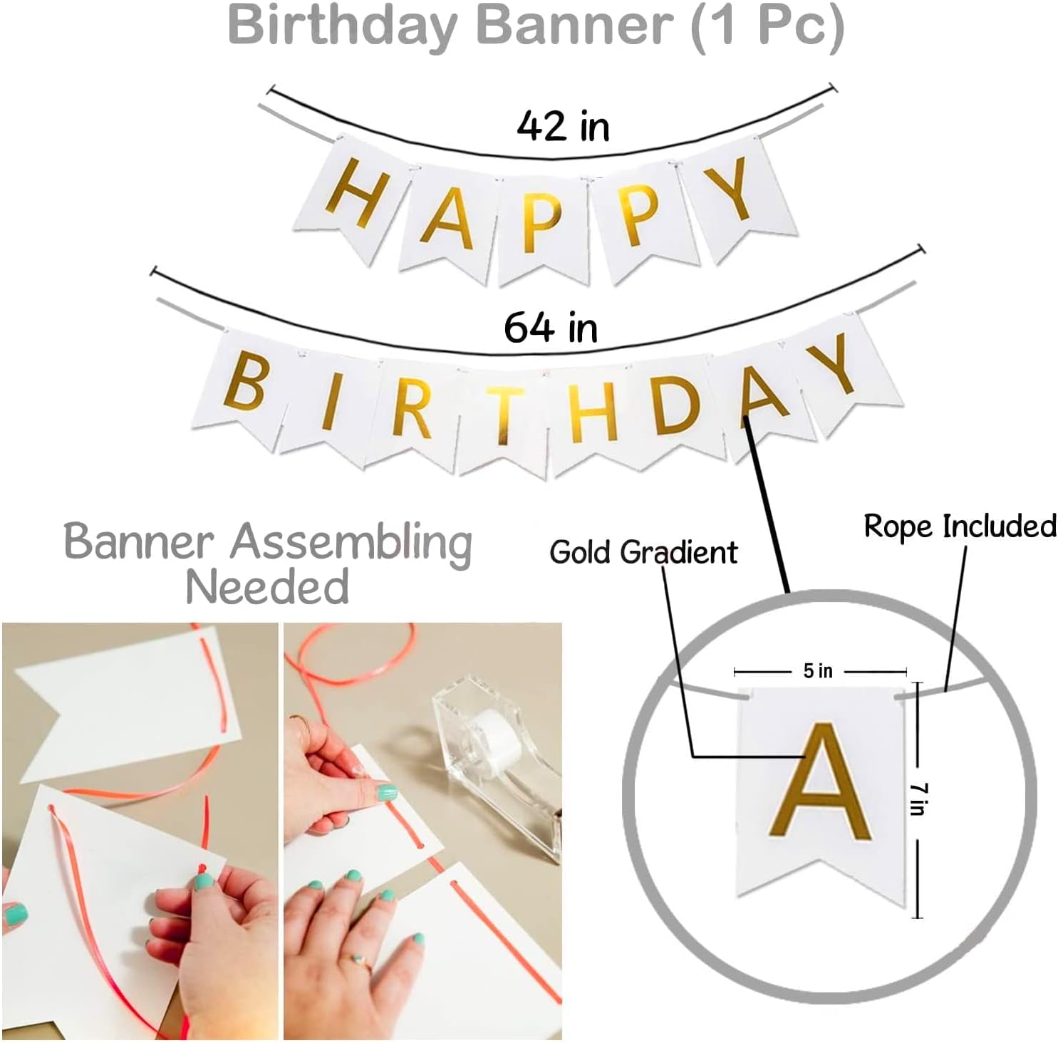 9Pcs Happy Birthday Decoration Set – White Happy Birthday Banner with Confetti Balloons and Ribbon- Birthday Party Decoration for Boys, Girls, Men & Women