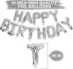 Silver Happy Birthday Balloon Banner with White and Silver Confetti Balloons – Ideal for birthday party decorations.