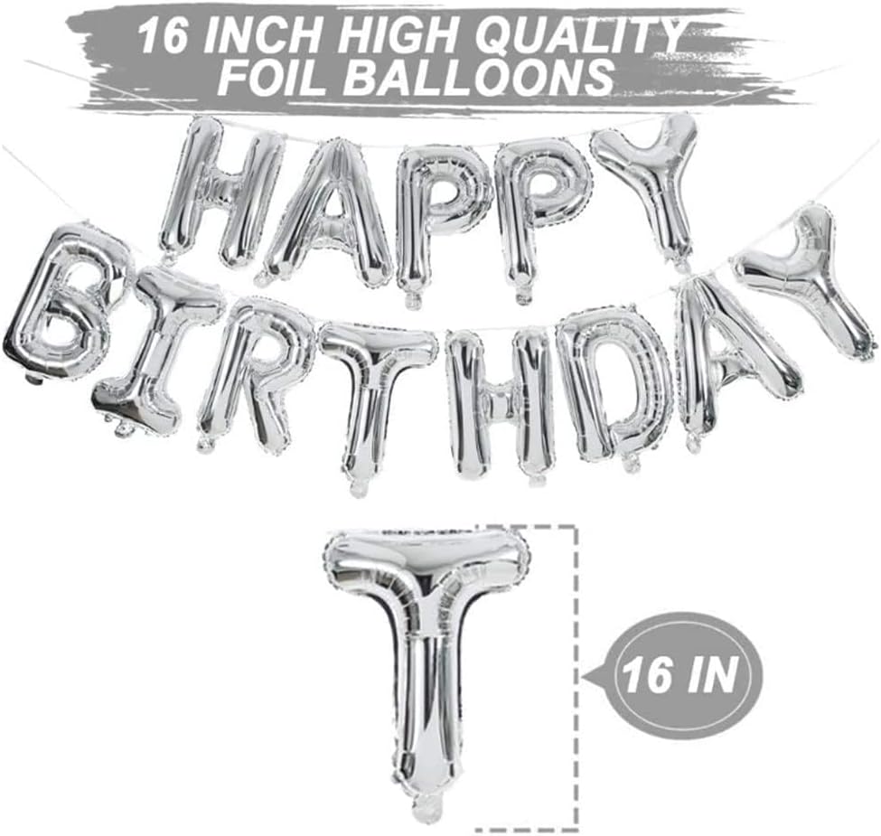 Silver Happy Birthday Balloon Banner with White and Silver Confetti Balloons – Ideal for birthday party decorations.