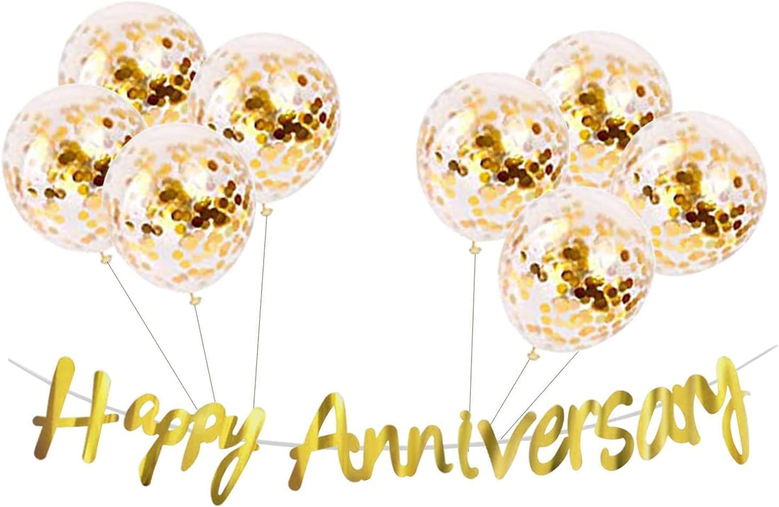 (Pack of 9) Happy Anniversary Gold Bunting with Gold Confetti Balloons, Paper Banner Set for Decoration, Anniversary Decorations, Happy Anniversary Decoration Items, Wedding Anniversary