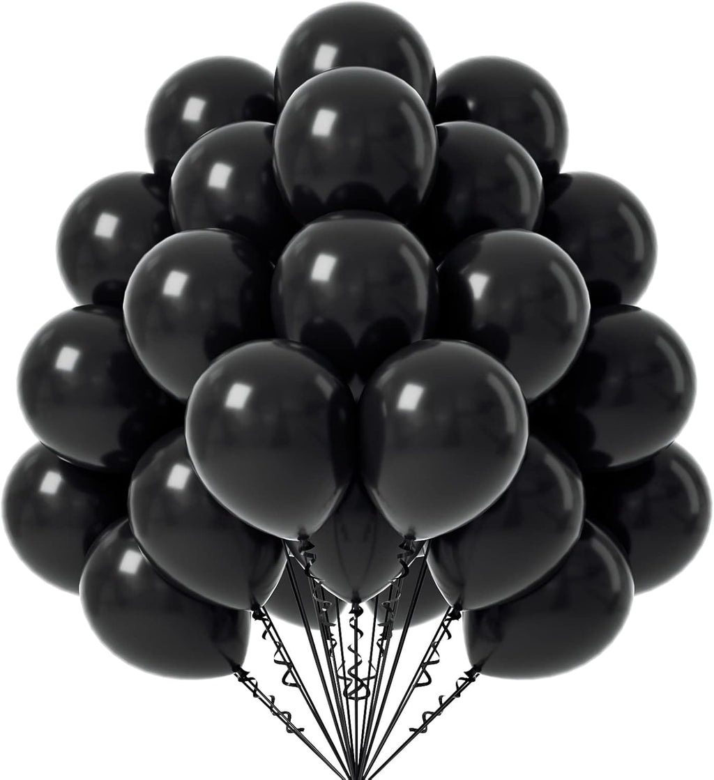 Black Balloons - 12 inch, 50 Pack Latex Party Balloons for Birthday, Graduation, Baby Shower, Halloween, Father's Day - Includes Black Ribbon