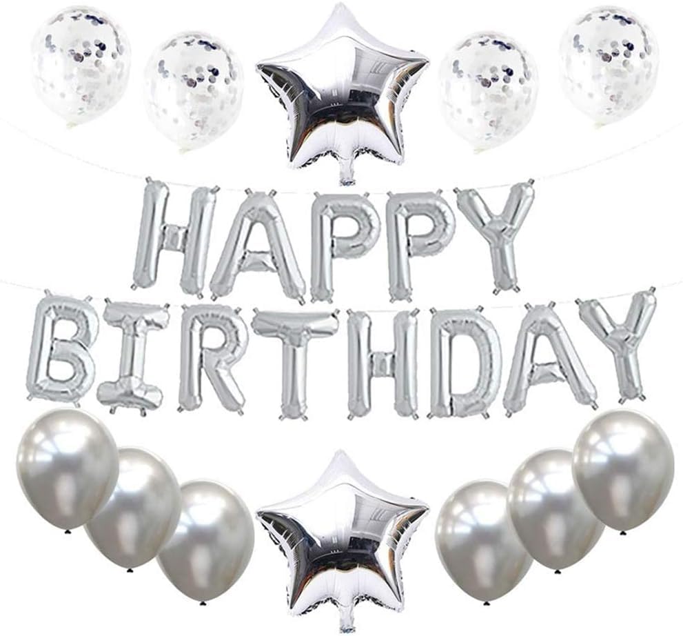 Silver Happy Birthday Balloons 13pcs Letters, 2pcs Giant Star Foil, 4pcs Confetti, 9pcs Latex Party Decorations