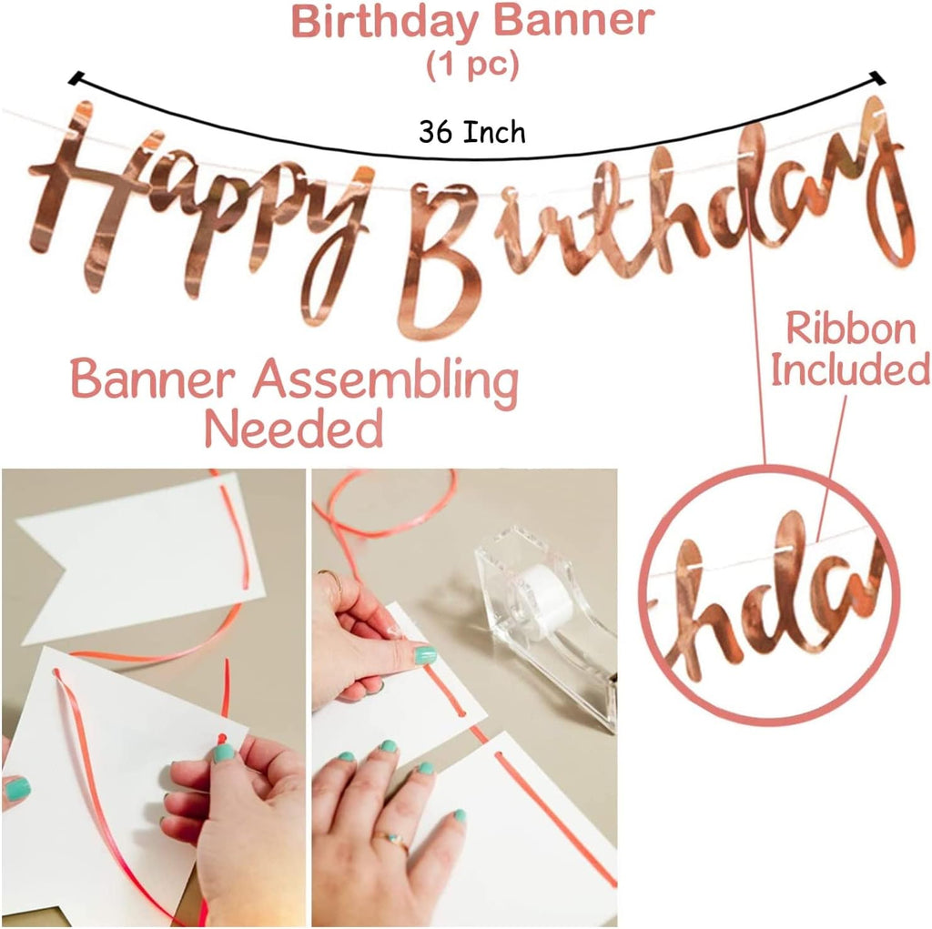 9Pcs Happy Birthday Decoration Set – Rose Gold Happy Birthday Banner with Confetti Balloons and Ribbon- Birthday Party Decoration for Boys, Girls, Men & Women