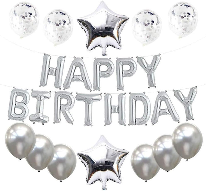  Silver Happy Birthday Balloons 13pcs Letters 2pcs Giant Star Foil 4pcs Confetti 9pcs Latex Party Decorations