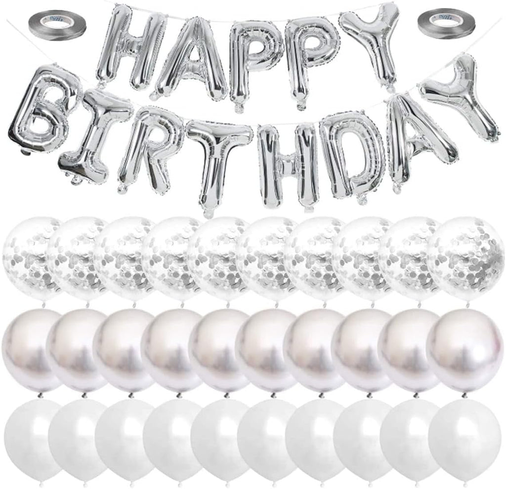Silver Happy Birthday Balloon Banner with White and Silver Confetti Balloons – Ideal for birthday party decorations.