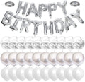 Silver Happy Birthday Balloon Banner with White and Silver Confetti Balloons – Ideal for birthday party decorations.