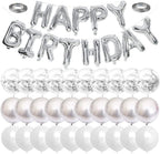 Silver Happy Birthday Balloon Banner with White and Silver Confetti Balloons – Ideal for birthday party decorations.