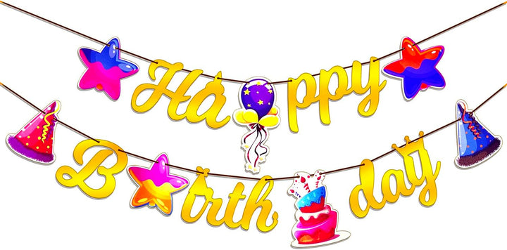 Propsicle Rainbow Theme Happy Birthday Banner for Kids Party Decoration | Pack of 12 flags, golden cursive letters, stars, balloon, cake, hats, ribbon; 1st, 10th, 18th, Kids backdrop Decorations