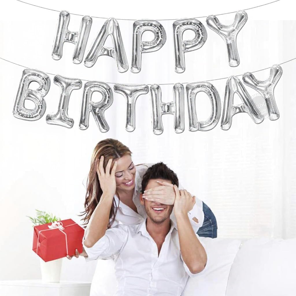 Silver Happy Birthday Balloons Banner - 16 Inch | Happy Birthday Sign Balloons for Happy Birthday Decorations | Happy Birthday Party Decoration | Happy Birthday Banner for Birthday Party Decoration