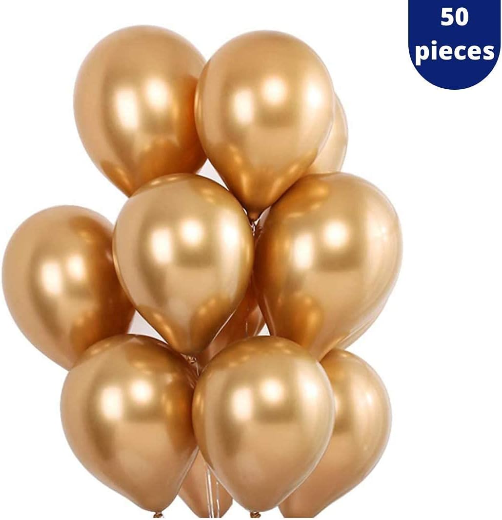 Golden Metallic Balloons for Decoration, Shiny Gold Latex Balloons for Birthday, Anniversary, Wedding, Baby Shower, Bachelorette, Festival Decor – Pack of 50