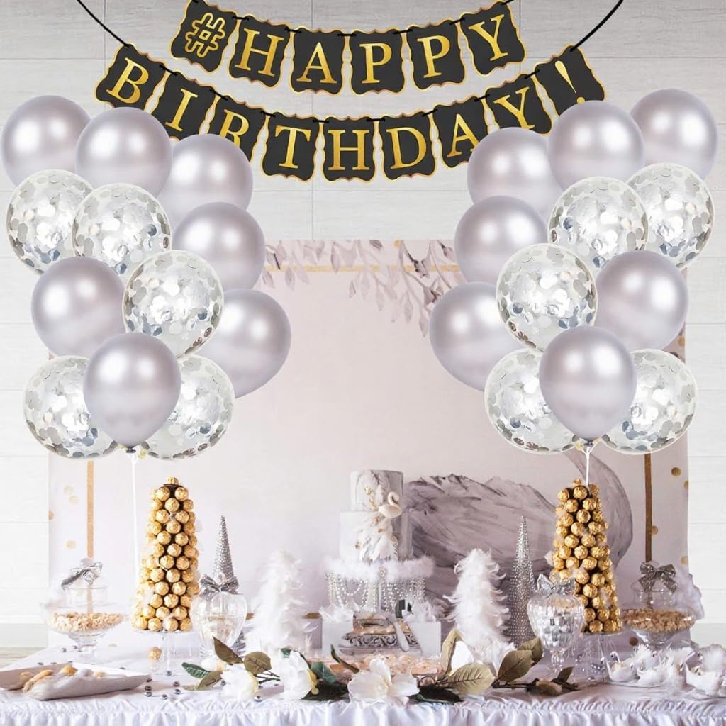 Silver and Silver Confetti Latex Balloons Kit - Pack of 30 | Latex Silver and Confetti Balloons for Birthday | Shiny Silver Confetti Balloons for Wedding Decorations, Anniversary, Bridal, Baby Shower