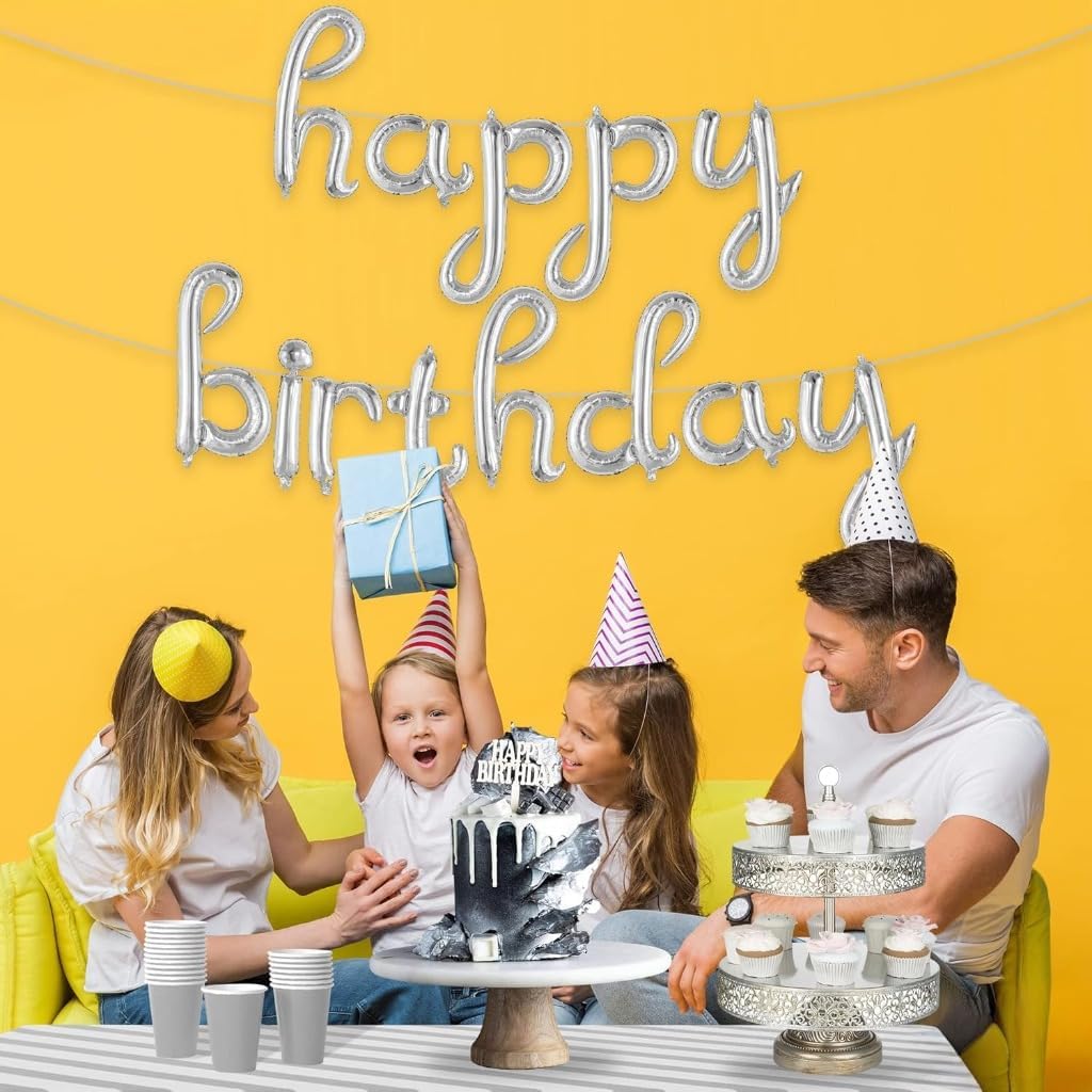 Silver Balloon Banner – 16 Inch | Happy Birthday Cursive Sign, Banner, Decorations, Balloons, Party Décor