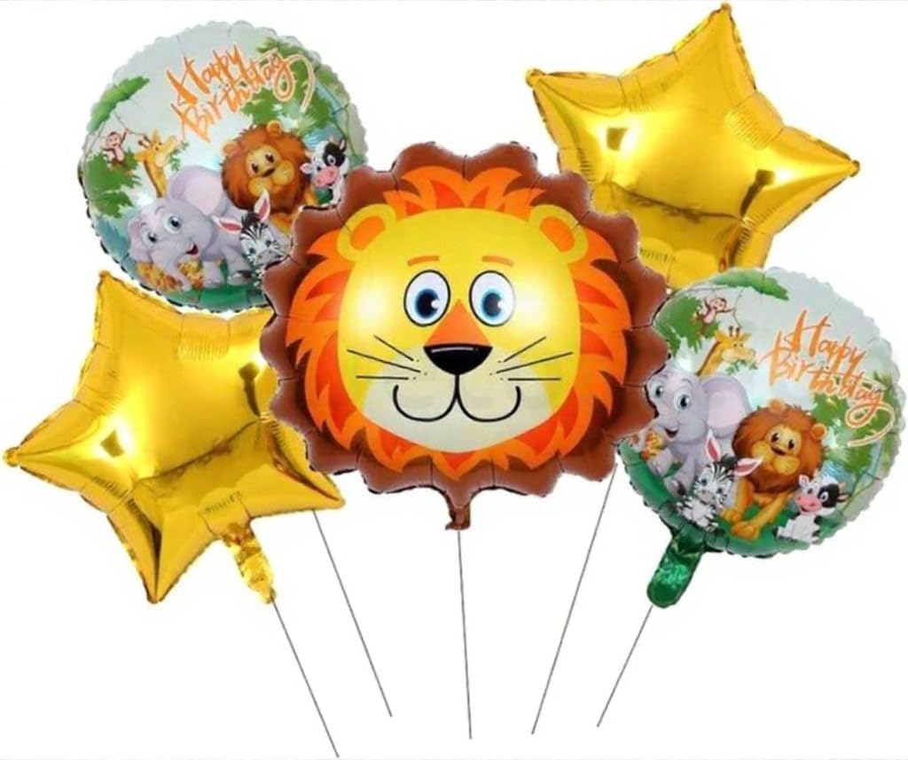 Lion Shape Foil Balloon Set – Gold and Jungle Theme Colors, Includes Star, Round, and Lion Face Balloons for Kids' Birthday Party, Multi Pack of 5