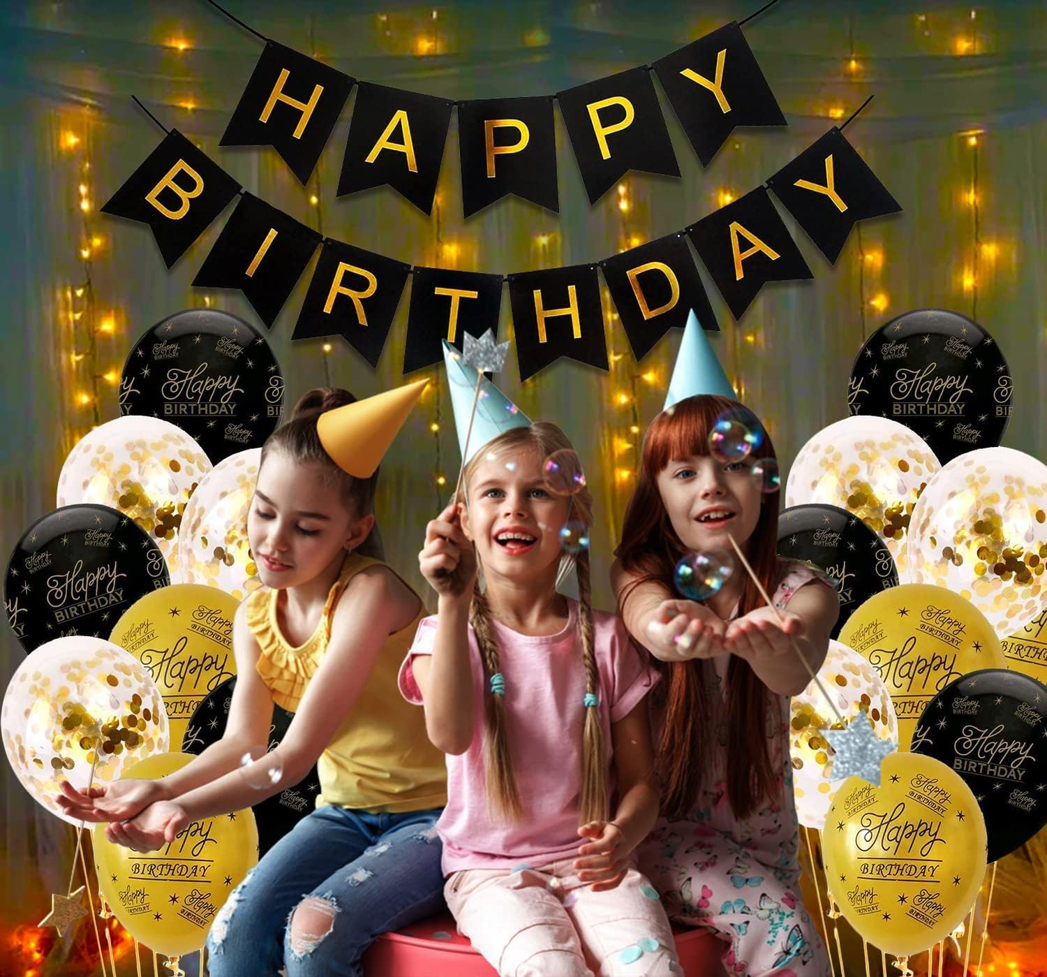 Birthday Decoration Items – Happy Birthday Decoration Black & Gold – For Men, Husband, Wife, Women – Includes Confetti, Metallic & Foil Balloons – 1 Piece