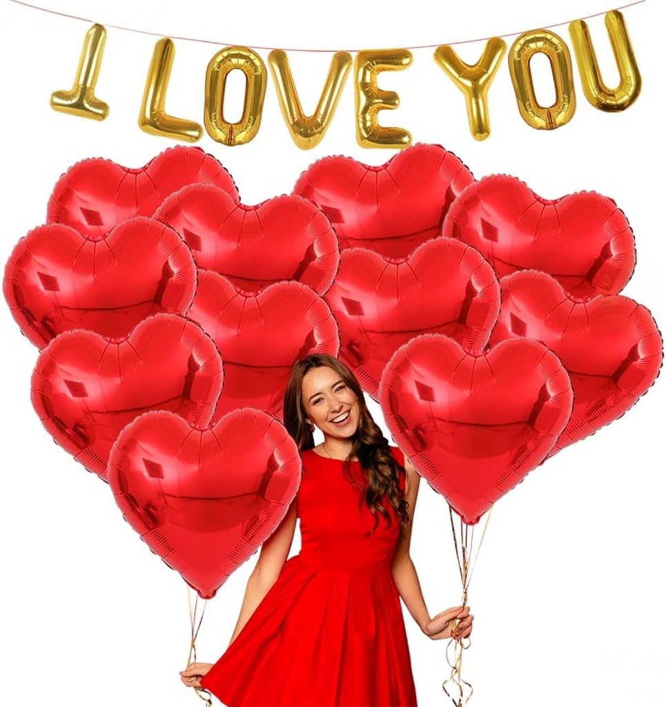 I Love You Balloons and Heart Balloons Kit – Pack of 28 – Valentine’s Day Decorations for Party – Includes 10 Red Heart-Shaped Foil Balloons (18 Inch)