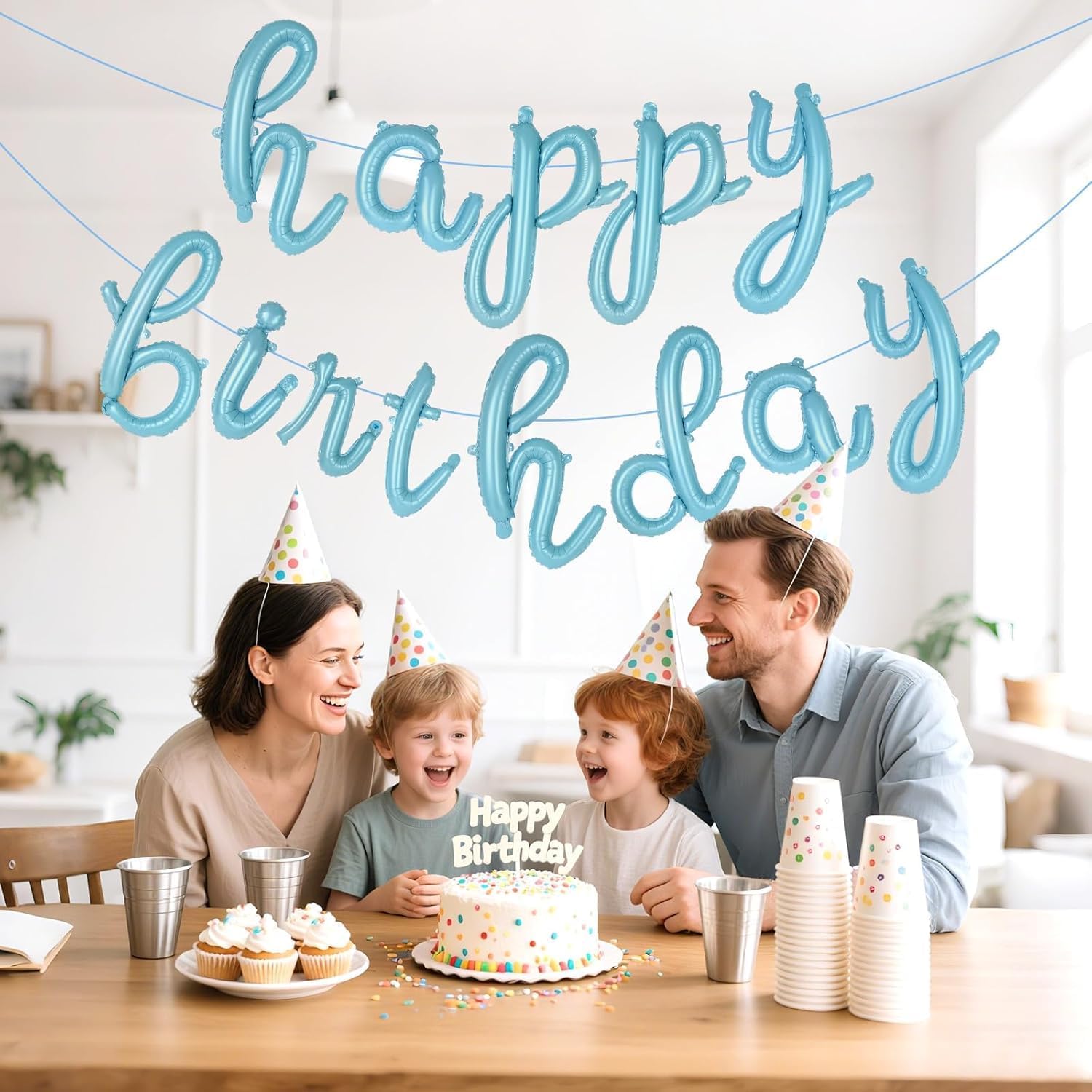 Cursive Happy Birthday Banner Balloons – Foil Letter Balloons Blue – Happy Birthday Sign – Birthday Party Decoration for Boys, Girls, Men & Women – Birthday Balloons
