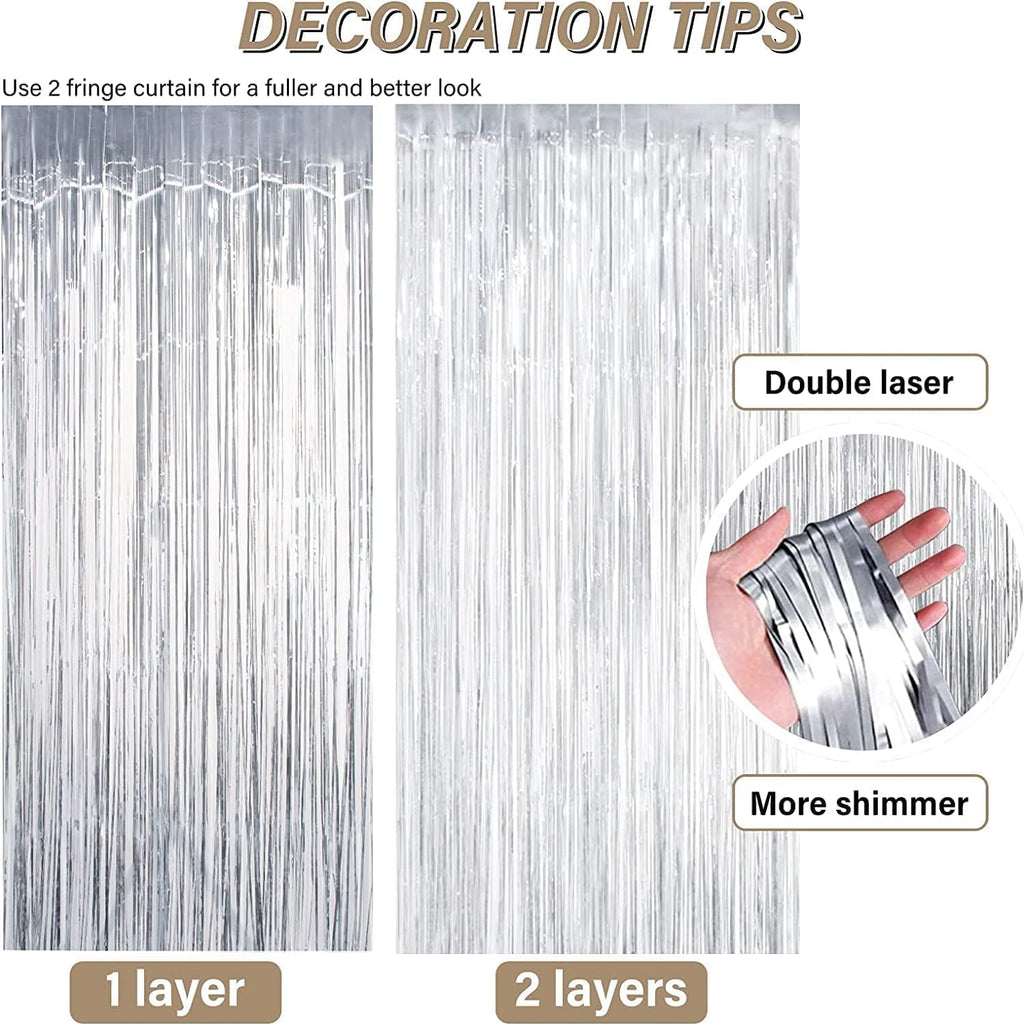 Metallic Tinsel Foil Fringe Curtains Party Photo Backdrop – 2-Piece Set, Size 100 x 200 cm, Silver