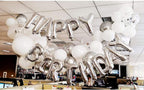 Silver Happy Birthday Balloon Banner with White and Silver Confetti Balloons – Ideal for birthday party decorations.