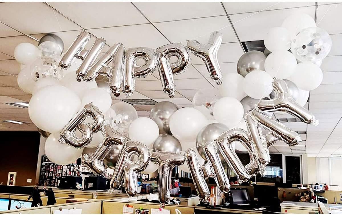 Silver Happy Birthday Balloon Banner with White and Silver Confetti Balloons – Ideal for birthday party decorations.