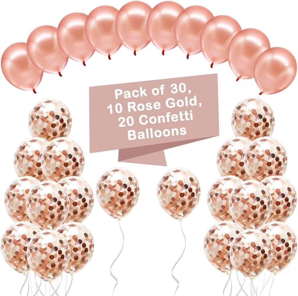 Rose Gold Confetti Balloons – Pack of 30, 12 Inch | Great for Bridal Shower Decorations, Birthday Parties | Pre-filled Rose Gold Confetti Latex Balloons for Weddings & Events
