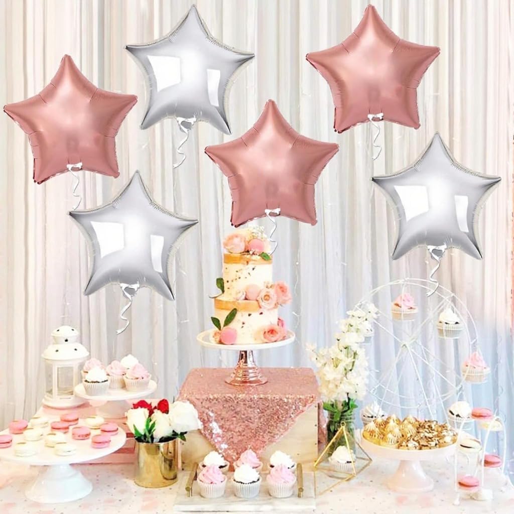 Rose Gold and Silver Star Balloons – 18 Inch, Pack of 6 Rose Gold Star Foil Balloons for Birthday Party Decorations Elegant Mylar Star Balloons in Rose Gold and Silver – Perfect for Silver & Rose Gold