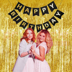 Golden Foil Curtains with Black Birthday Banner - Pack of 3-3ft x 6ft Tinsel Fringe Backdrop & Black Banner for Birthday Decoration, Photo Booth, Hall & Home