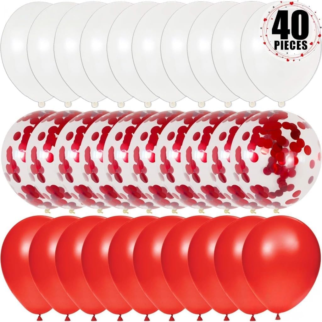 Red and White Balloons for Valentine's Decorations – Pack of 40 | Red Balloons for Romantic Decor | Valentine's Balloons, Red & White Balloons | Valentine's Decor for Him/Her