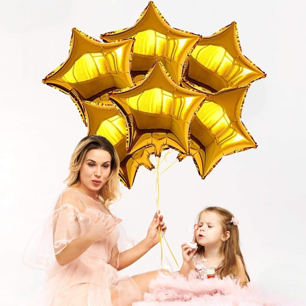 Gold Star Balloons for Party Decoration - Pack of 6, 18 Inch | Twinkle Little Star Gold Foil Balloons for Birthday | Star Shaped Balloon for Baby Shower, Wedding, Magical Prom, Engagement, Anniversary