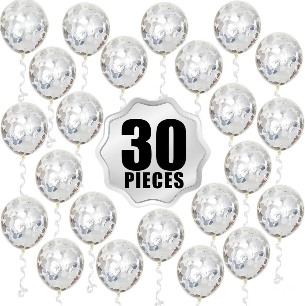 Silver Confetti Balloons Set – Pack of 30, 12 Inch | Silver Party Balloon Decorations | Confetti Silver Balloons for Birthday Party | Latex Balloons for Bridal Shower, Home, Office Decor