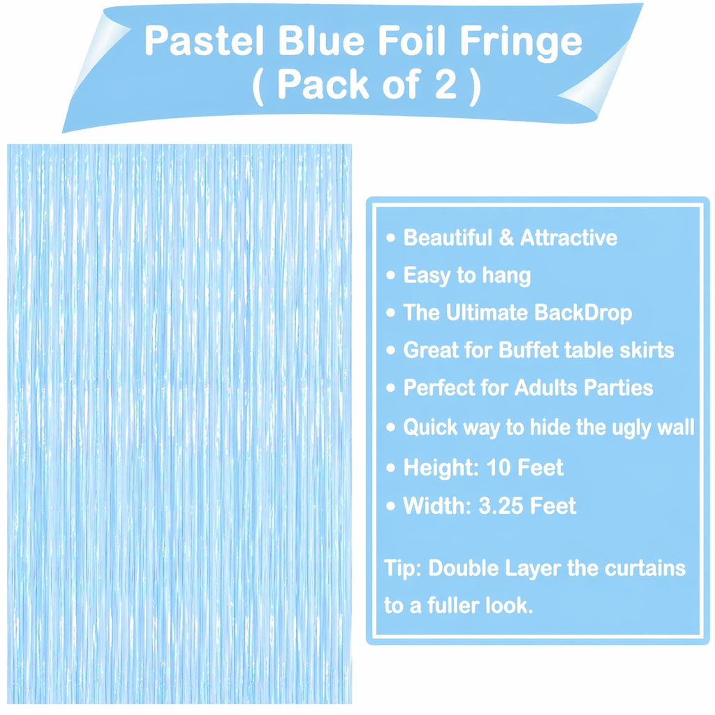 Xtra Large, Pastel Blue Fringe Curtain - 3.2x10 Feet | Pack of 2 | Blue Metallic Tinsel Backdrop | Streamers for Gender Reveal Party Supplies, Baby Shark, Under the Sea Birthday Decorations for Boys