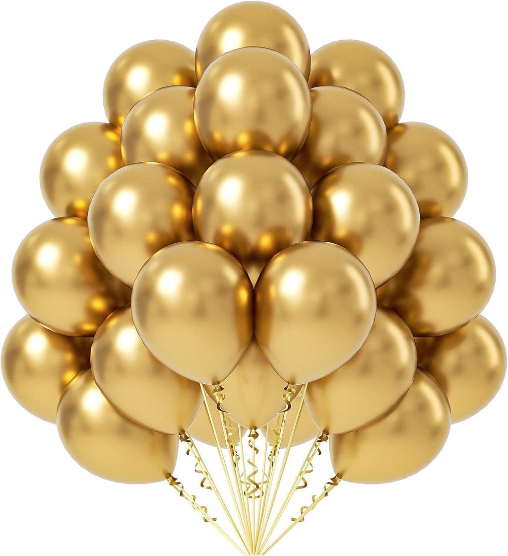 Metallic Gold Balloons 12 inch, 50 Pack Chrome Gold Latex Party Balloons Helium Quality for Birthday Graduation Baby Shower Wedding Party Decorations (with Gold Ribbon)