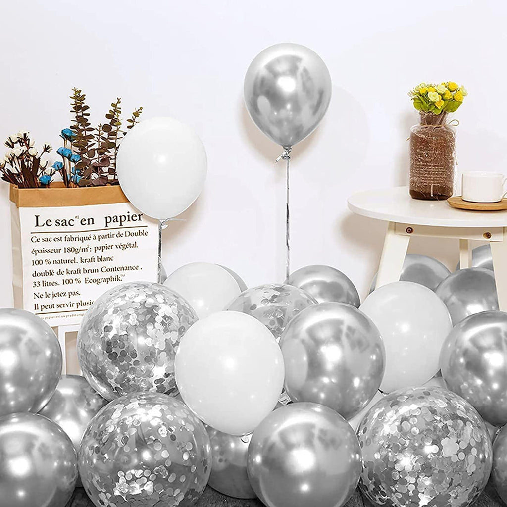 60Pcs/Set Metallic Silver White and Silver Confetti Balloons 12 inches White Silver Latex Balloon Kit Birthday Party Wedding Decoration Supplies