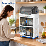 Blue 3-Tier Dish Drying Rack with Cover, Drain Board & Cutlery Holder