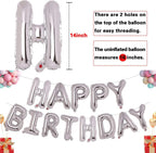 Happy Birthday Letters Silver Foil Balloons with Red Latex Balloons for Birthday Decoration Combo Set of 64 Pcs