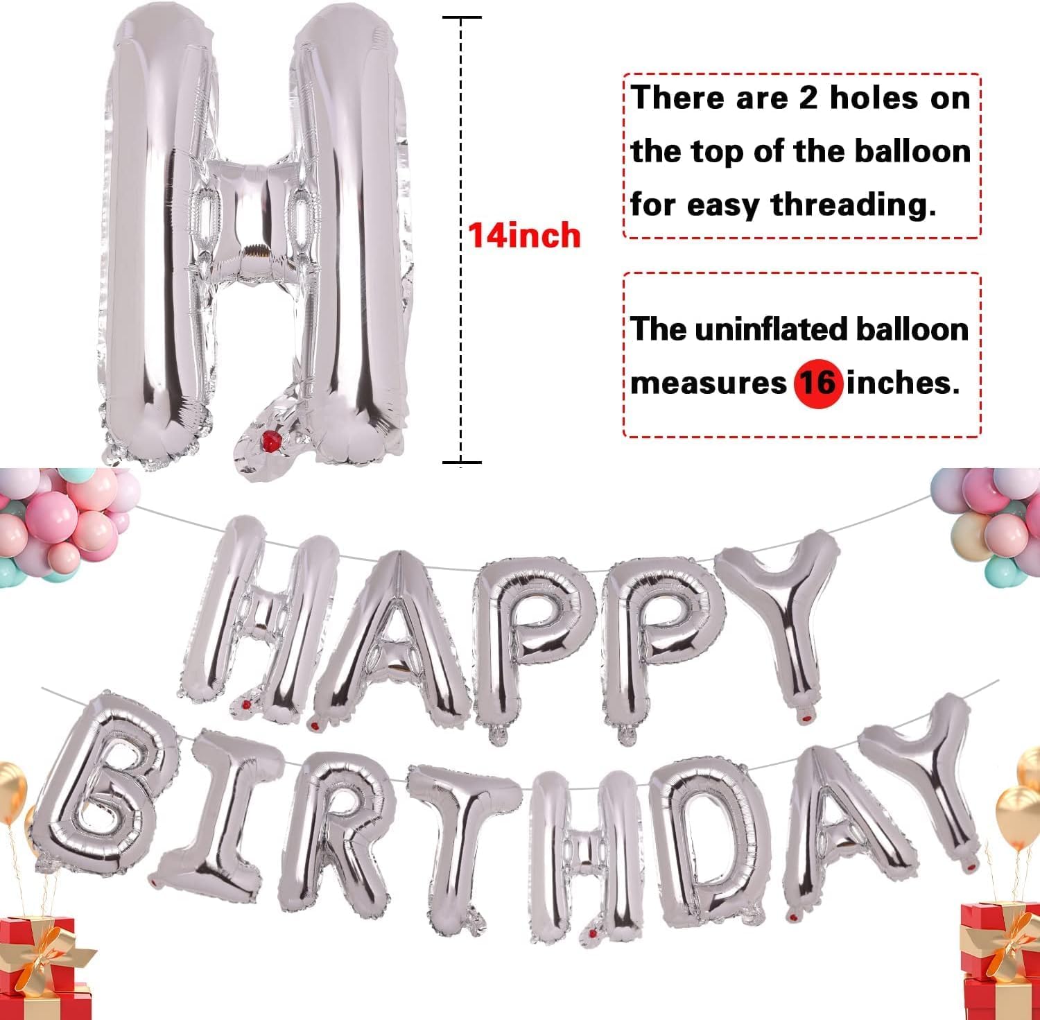 Happy Birthday Letters Silver Foil Balloons with Red Latex Balloons for Birthday Decoration Combo Set of 64 Pcs