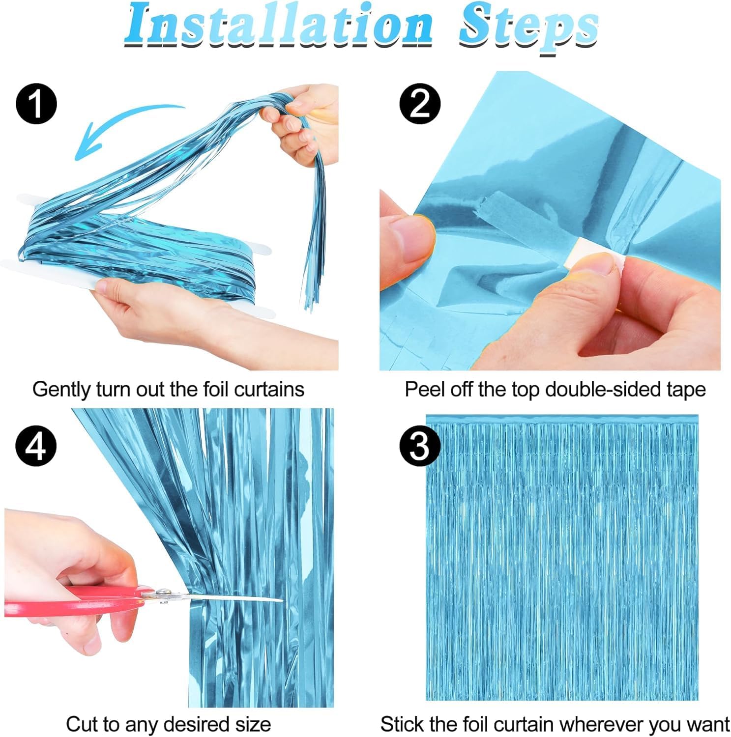 3 ft x 6 ft Metallic Tinsel Foil Fringe Curtains for Birthday, Wedding, Engagement, Bridal Shower, Baby Shower, Bachelorette, Holiday Celebration, Party Decorations (Pack of 4, Sky Blue)