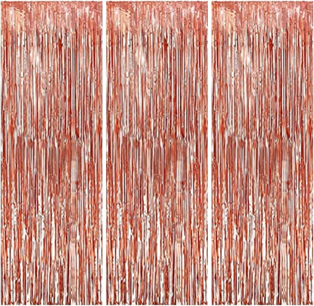 Rose Gold Foil Fringe Curtains – 3x6 Ft Shimmer Backdrop for Birthday, Anniversary, Baby Shower, Bridal Shower, Bachelorette, Photo Booth Decor – Pack of 3