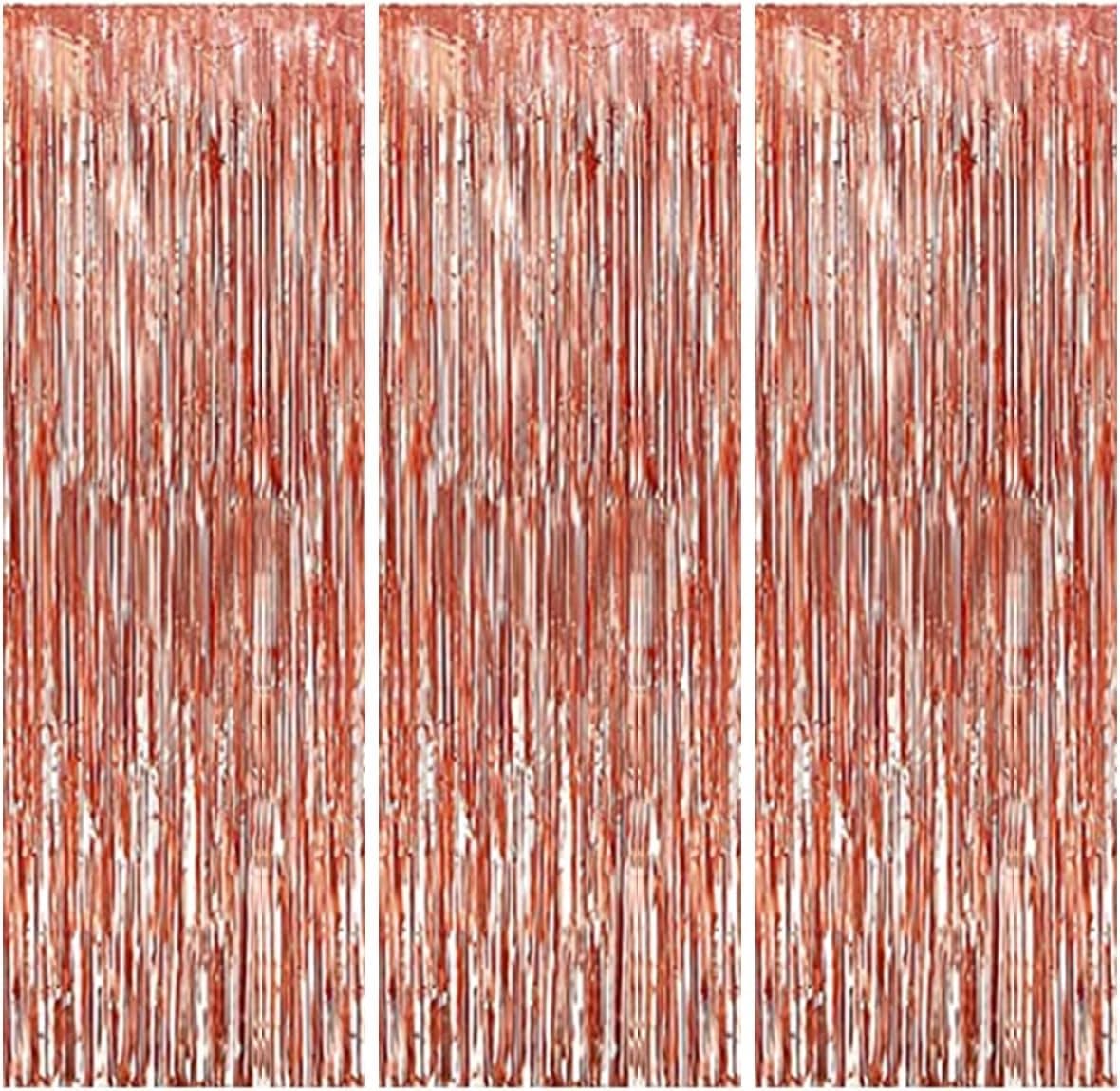 Rose Gold Foil Fringe Curtains – 3x6 Ft Shimmer Backdrop for Birthday, Anniversary, Baby Shower, Bridal Shower, Bachelorette, Photo Booth Decor – Pack of 3