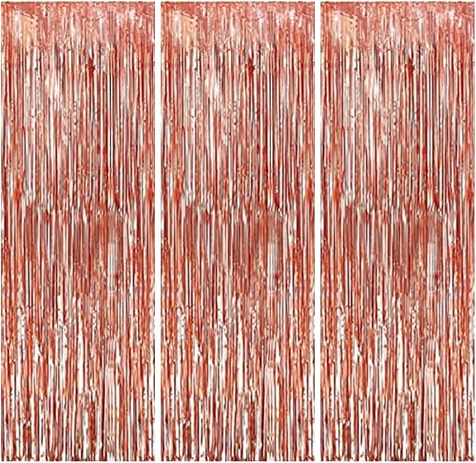 Rose Gold Foil Fringe Curtains – 3x6 Ft Shimmer Backdrop for Birthday, Anniversary, Baby Shower, Bridal Shower, Bachelorette, Photo Booth Decor – Pack of 3