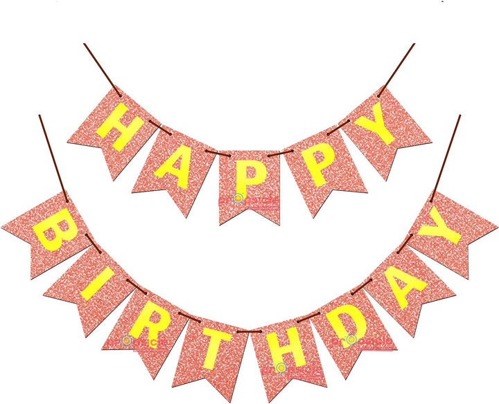 Propsicle Glittery Rose Gold Cardboard Fishtail Happy Birthday Banner | Party Decoration with Ribbon | Girl Princess Theme Bunting (Pack of 13 Flags)