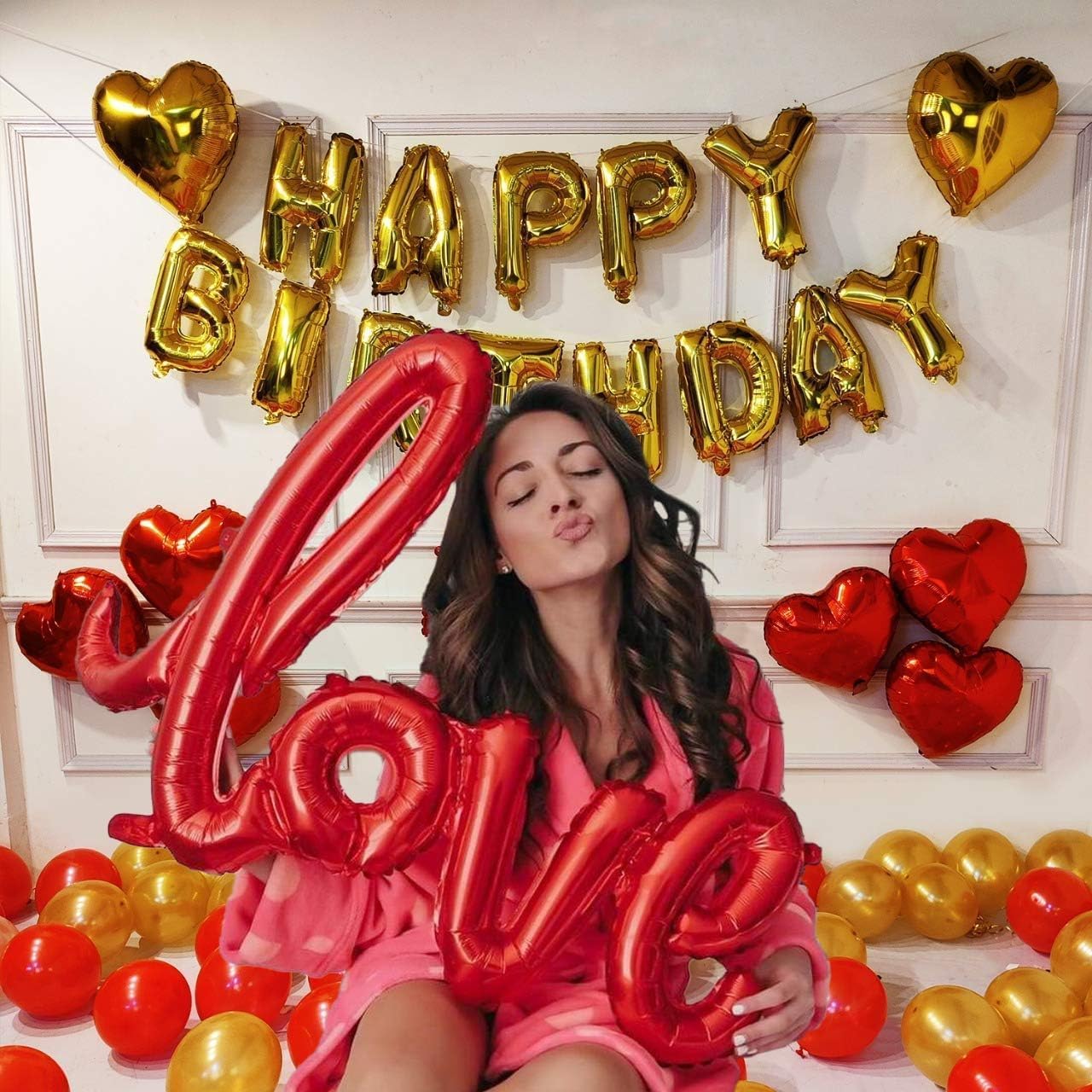 Red and Golden Happy Birthday Decoration Set 70 Pcs Happy Birthday Foil Balloon Red Golden Heart and Metallic Balloons Combo