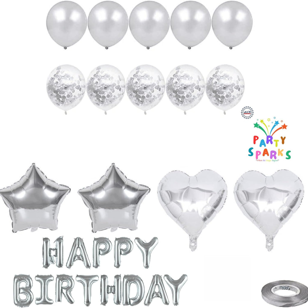 Birthday Banner with Balloon Sets with Star, Heart Foil Balloon, Birthday Banner for Birthday, Wedding, Festival Decoration Party Decoration Kids Baby Men Women Adult Party Supplies (Silver)