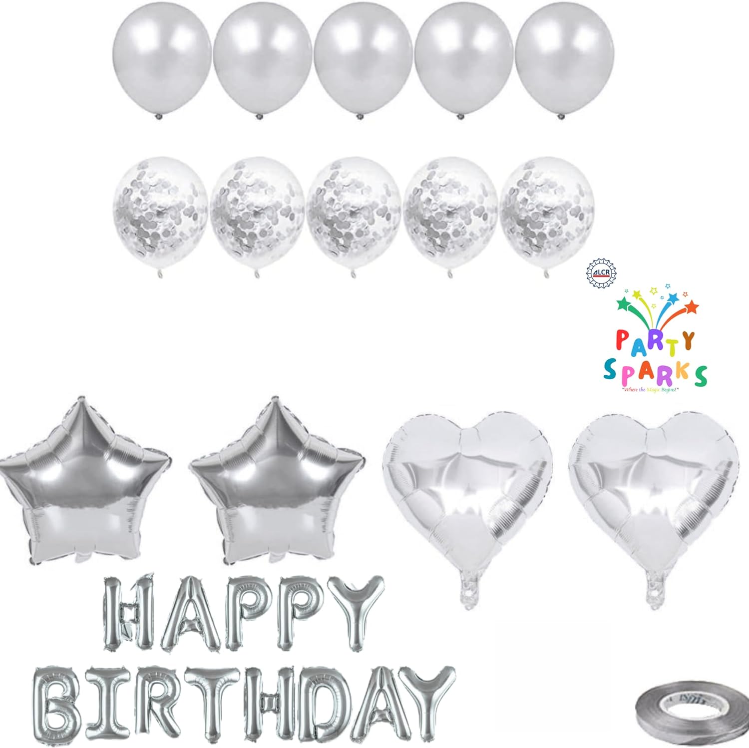 Birthday Banner with Balloon Sets with Star, Heart Foil Balloon, Birthday Banner for Birthday, Wedding, Festival Decoration Party Decoration Kids Baby Men Women Adult Party Supplies (Silver)