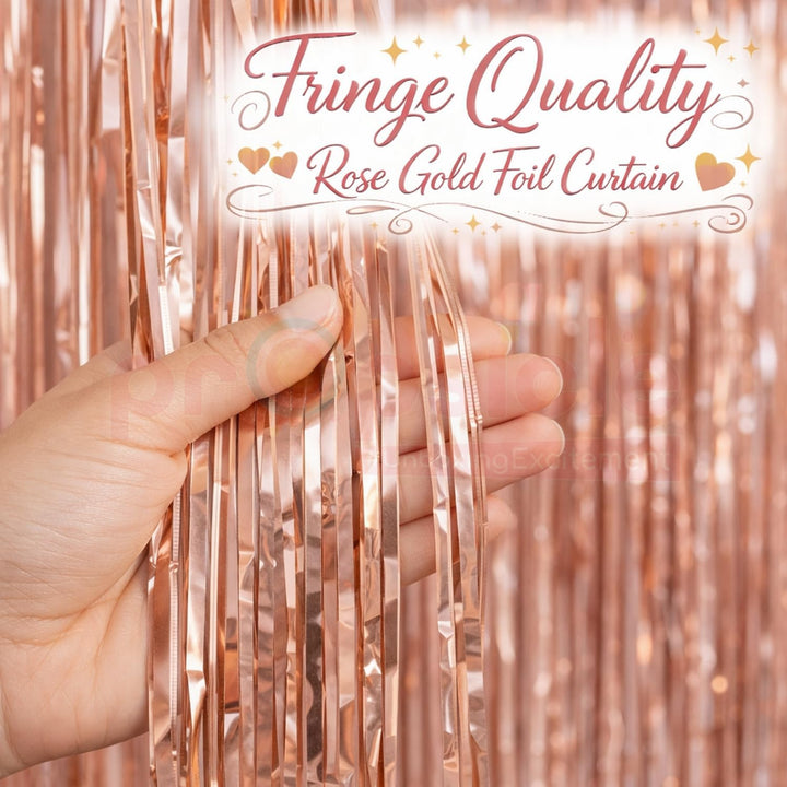 Rose Gold Foil Fringe Curtains For Girls Birthday Decoration | Pack of 4 shimmer curtains, 3x6 ft each, for wife girlfriend women anniversary bride to be bachelorette baby shower backdrop