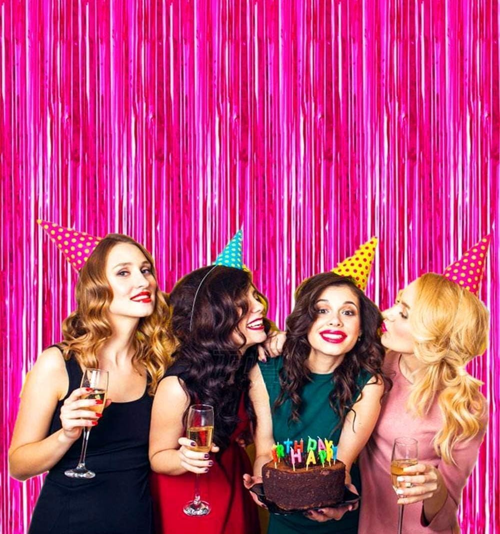 Metallic Tinsel Foil Fringe Curtains – Party Photo Backdrop for Birthday Decorations, 2-Piece Set, 100 x 200 cm, Pink