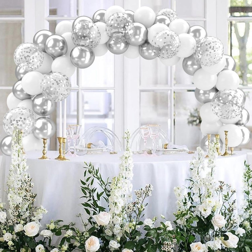 60Pcs/Set Metallic Silver White and Silver Confetti Balloons 12 inches White Silver Latex Balloon Kit Birthday Party Wedding Decoration Supplies