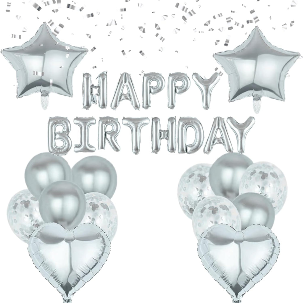 Birthday Banner with Balloon Sets with Star, Heart Foil Balloon, Birthday Banner for Birthday, Wedding, Festival Decoration Party Decoration Kids Baby Men Women Adult Party Supplies (Silver)