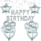 Birthday Banner with Balloon Sets with Star, Heart Foil Balloon, Birthday Banner for Birthday, Wedding, Festival Decoration Party Decoration Kids Baby Men Women Adult Party Supplies (Silver)